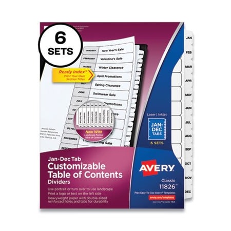 Avery TAB, MONTHLY, WHT, 6/ST 11826